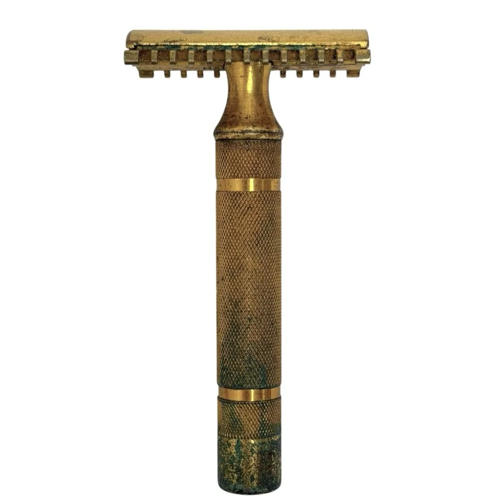 Vintage 1930s Gillette Safety Razor Gold Tone Fat Handle Comb 3-Piece USA